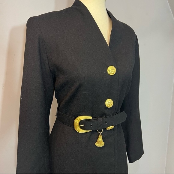 Vintage black long sleeve structured dress bold gold belt ornate buttons retro - Picture 5 of 11